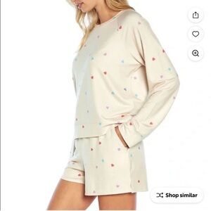 EUC Wildfox Relaxed Fit SuperSoft Sweatshirt & Short Lounge Set Oatmeal Hearts M
